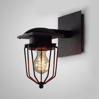 Antique Cage Shape Sconce Single Light Metal Wall Lamp in Black for Dining Room