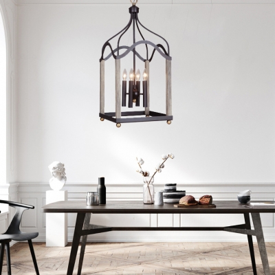 Antique Style Black Chandelier Candle Shape 4 Lights Metal and Wood Pendant Lamp for Dining Room
