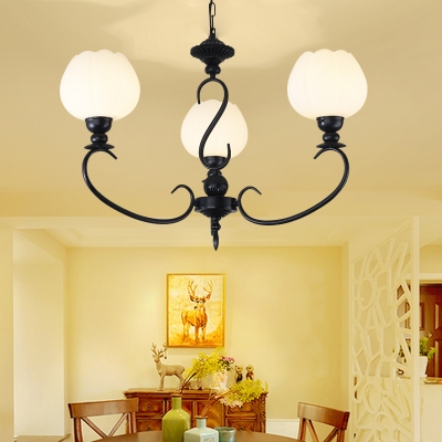 Antique Style Bud Shade Chandelier 3/5 Lights Frosted Glass Pendant Light in Black for Hallway
