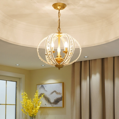Antique Style Melon Shape Chandelier Metal 3/5 Lights Black/Gold Hanging Light with Crystal Decoration for Bedroom