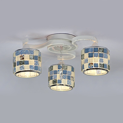 Blue Drum Semi Ceiling Mount Ceiling Light 3/5 Lights Tiffany Style Glass Light Fixture for Living Room