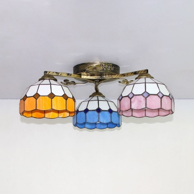 Cone/Dome Ceiling Lamp Living Room 3 Lights Stained Glass Tiffany Style Semi Flush Mount Light