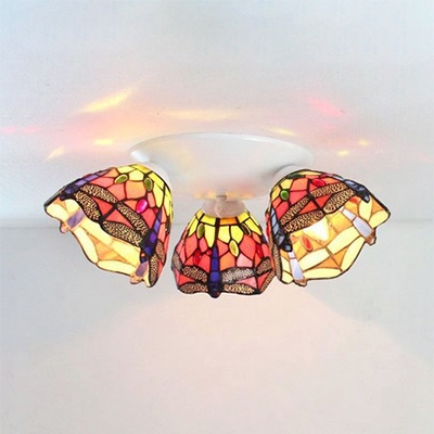 Conical Hotel Flush Mounted Light Stained Glass 3 Lights Victoria/Dragonfly Tiffany Style Ceiling Light