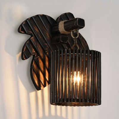 Cylinder Wall Light in Rustic Style Bamboo Hanging Wall Sconce in Black with Leaf Backplate for Hallway