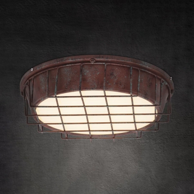 Drum Flush Mount with Metal Cage and Acrylic Shade 1 Light Industrial Ceiling Flush Light in Rust