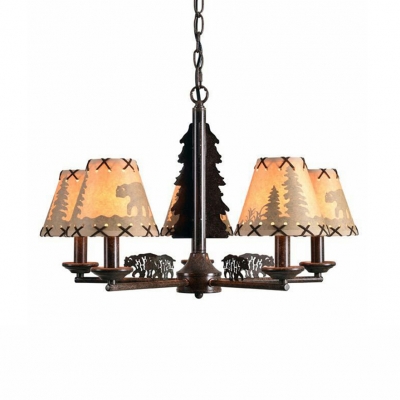 Fabric Metal Tapered Shade Chandelier 5 Lights Rustic Style Hanging Lights for Bedroom Study
