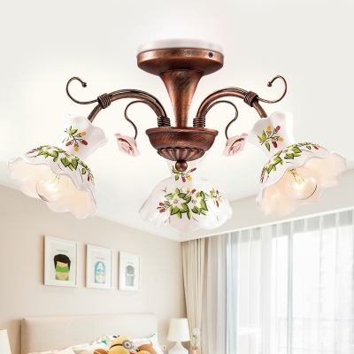 Frosted Glass Metal Semi Flush Mount Light 3/5 Lights Rustic Style Light Fixture with Flower Shade for Bedroom