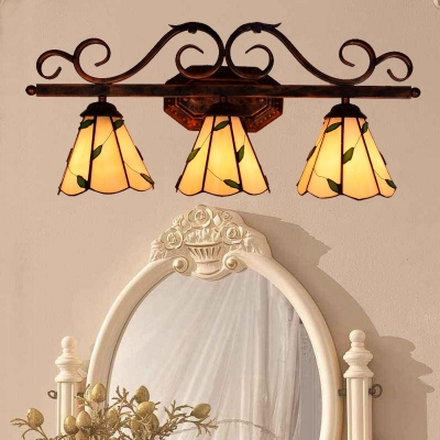 Glass Cone Wall Light with Leaf 3 Lights Tiffany Style Sconce Light in Beige for Bedroom