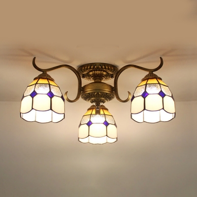 Glass Conical Semi Flush Ceiling Light Living Room 3 Lights Tiffany Style Ceiling Lamp in Yellow/Blue