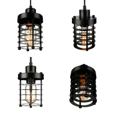 Antique Style Black Ceiling Light Cylinder Shape 1 Light Metal Plug In Pendant Light Fixture in Black