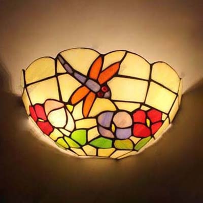 Tiffany Style Wall Light 2 Lights Stained Glass Dragonfly Flower Pattern Sconce Light for Restaurant