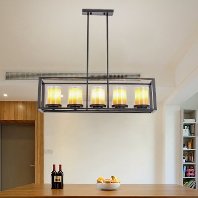 Industrial Black Island Fixture with Rectangle Shade 3/5/6 Lights Metal and Clear Glass Pendant Light