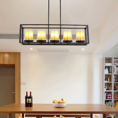 Industrial Black Island Fixture with Rectangle Shade 3/5/6 Lights Metal and Clear Glass Pendant Light