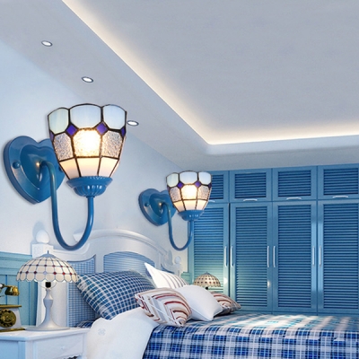 Kitchen Bowl Wall Light Glass 1 Light Mediterranean Style in Blue/White/Brass Wall Lamp