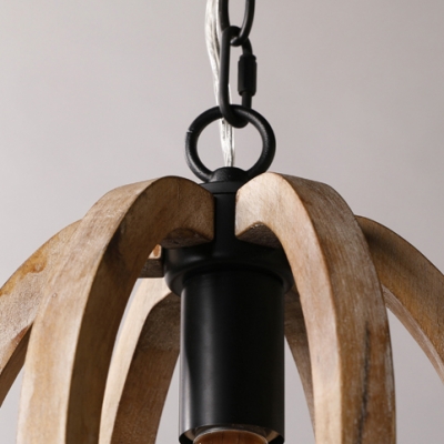 Kitchen Hallway Melon Shape Pendant Wood Single Light Rustic Style Beige Hanging Lamp