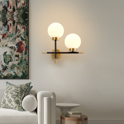 Metal Frosted Glass Wall Sconce with White Globe Shape 2 Lights Modern Sconce Wall Light for Bedroom