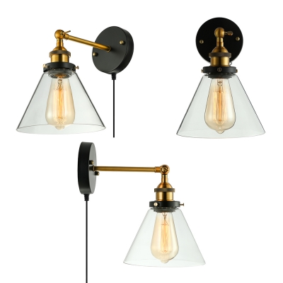 Restaurant Cafe Wall with Plug In Cord Sconce Cone Shape Glass 1 Light Vintage Style Black Sconce Light