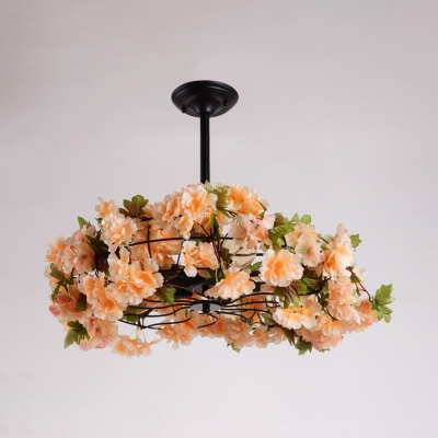 Round Semi Flush Light with Orange Flower Decoration Industrial Metal Semi Flush Mount for Restaurant