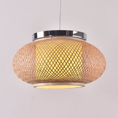 Rustic Beige Ceiling Fixture with Lantern Shape Single Light Bamboo Pendant Lamp for Living Room