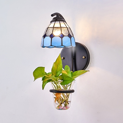 Rustic Dome Sconce Light 1 Light Stained Glass and Metal Wall Lamp with Plant Decoration for Study Room