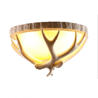 Rustic Style White Ceiling Light Fixture with Domed Shade and Antlers 3 Lights Resin and Glass Flush Light