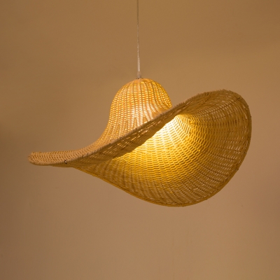 Single Light Hat Shape Ceiling Light Antique Style Rattan Pendant Lighting in Beige for Kitchen