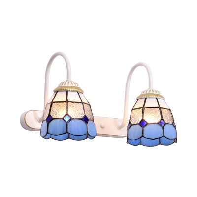 Stained Glass Bell Wall Lamp 2 Lights Tiffany Style Sconce Light in Blue/Yellow for Bathroom