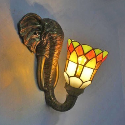 Stained Glass Bell Wall Light with Elephant Bedroom 1 Light Tiffany Style Rustic Sconce Light
