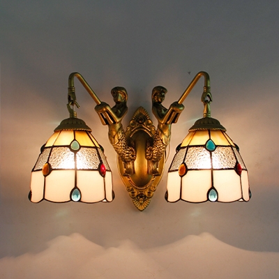 Tiffany Style Dome Wall Light Stained Glass 2 Lights Sconce Light with Mermaid for Bedroom