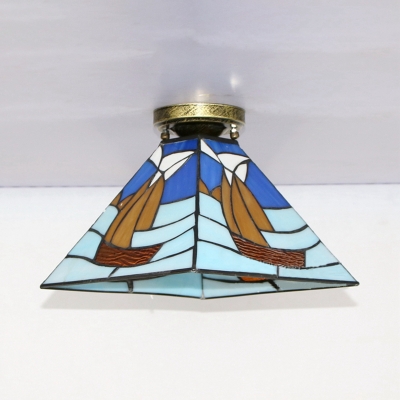 Trapezoid Flush Mount Light 1 Light Tiffany Style Stained Glass Ceiling Light for Foyer