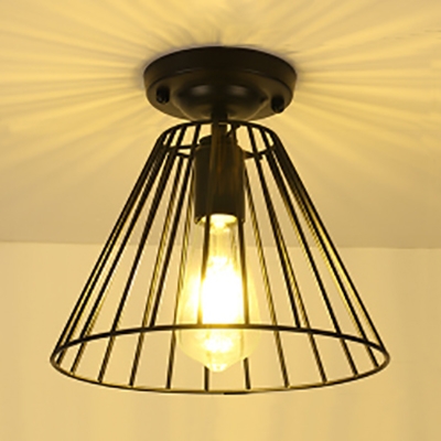 Vintage Style Black Ceiling Fixture with Tapered Cage Shade 1 Light Metal Flush Mount Light for Kitchen