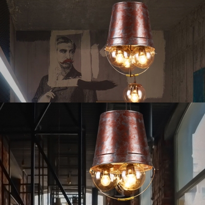 Vintage Style Bucket Shape Pendant Light Metal 3 Lights Rust Chandelier for Stair Restaurant