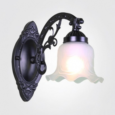 Vintage Style Flower Shade Sconce Light Metal Frosted Glass 1/2 Lights White/Black Wall Lamp for Bedroom