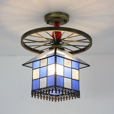 Vintage Style House Semi Flush Mount Light 1 Light Glass Ceiling Light with Wheel for Bedroom