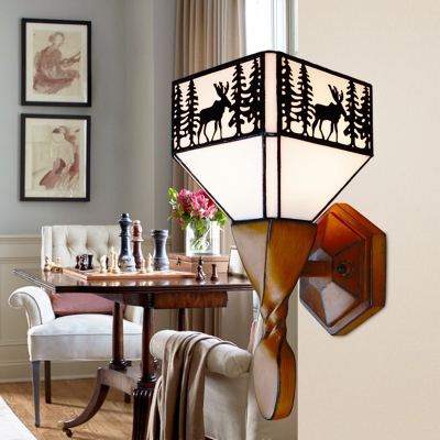 Wood and Glass Wall Light with Deer 1 Light Rustic Style Wall Lamp in White for Living Room