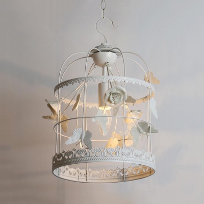 1 Light Birdcage Pendant Light with Butterfly Flower Decoration Rustic Style Metal Light Fixture in White