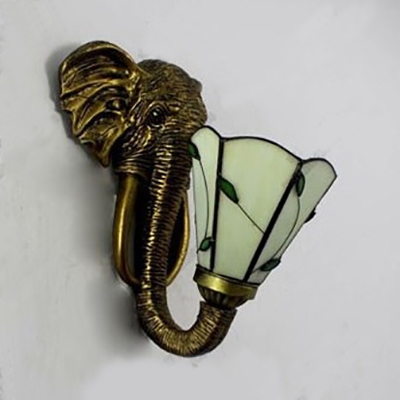 1 Light Leaf Wall Light with Elephant Decoration Tiffany Style Glass Sconce Lamp for Study Room