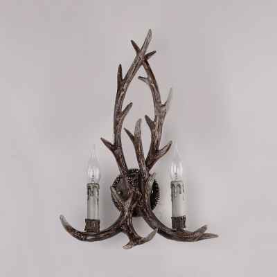 2 Lights Antlers Wall Sconce Rustic Style Metal and Resin Wall Lamp for Living Room Bedroom