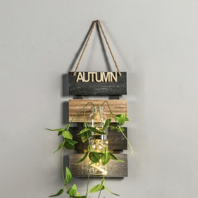Rustic Style Fairy Light with Bottle and Dark Green/Light Green/Yellow Plant Clear Glass and Wood Twinkle Light