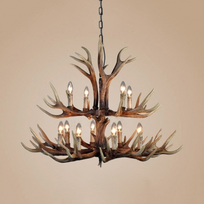 6/8/12 Lights Candle Shape Chandelier with Antlers Antique Style Resin Hanging Light for Restaurant