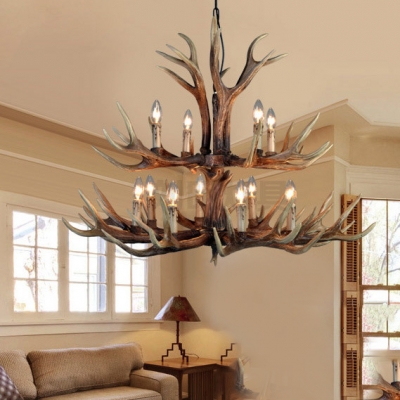 6/8/12 Lights Candle Shape Chandelier with Antlers Antique Style Resin Hanging Light for Restaurant