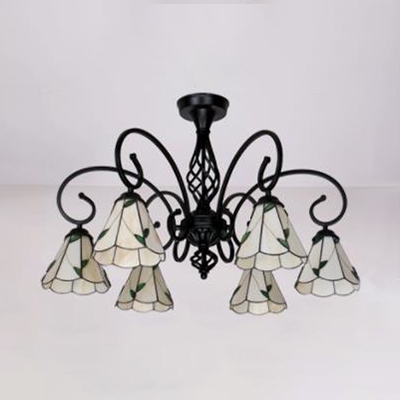 6 Lights Cone Ceiling Lamp Tiffany Style Antique Metal Semi Flush Ceiling Light in White/Blue/Yellow/Beige