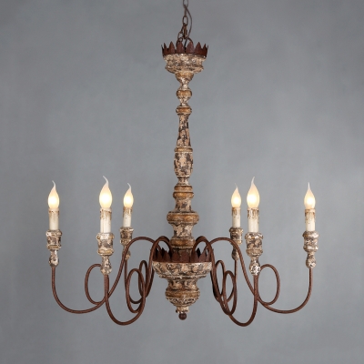 6 Lights Twist Arm Chandelier with Candle Shape Antique Style Wood Pendant Light for Dining Room Coffee Shop