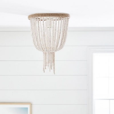 Antique Style Bell Shape Flush Mount Ceiling Fixture Wood Beads Single Light White Ceiling Light for Indoor