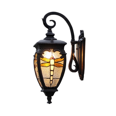 

Antique Style Black Sconce Light with Dragonfly Pattern 1 Light Metal and Stained Glass Wall Lantern for Hallway, HL521642