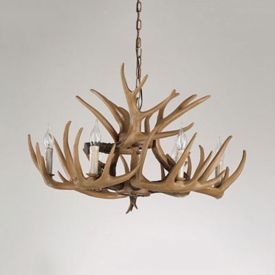 Candle Shape Chandelier with Deer Horn 4/6 Lights Antique Style Resin Pendant Light for Dining Room