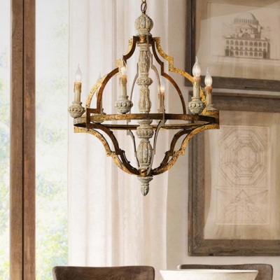 Candle Shape Dining Room Pendant Lamp Wood 6 Lights Vintage Style Chandelier Light
