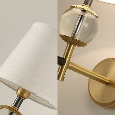 Classic White Tapered Shade Wall Light 1/2 Lights Fabric Metal Sconce Light in Brass for Study Room