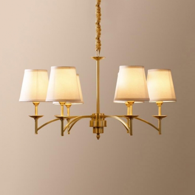 Elegant Brass Hanging Light with Tapered Shade 3/6/8 Lights Metal Fabric Chandelier for Bedroom Foyer
