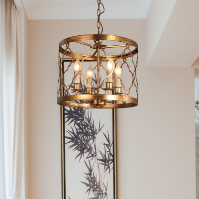 European Style Drum Shape Chandelier 4 Lights Gold Pendant Light for Dining Room Kitchen